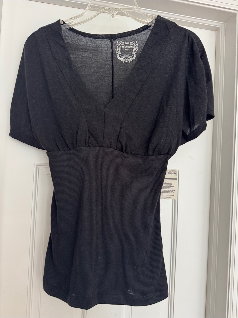 One Step Up Black V-Neck Puff Sleeve Ribbed Waist Top